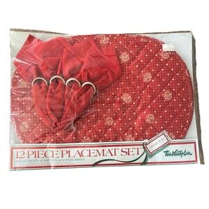 Vintage Christmas Quilted Placemat Set Napkin Ring Town Country Linen 12 Pc Red